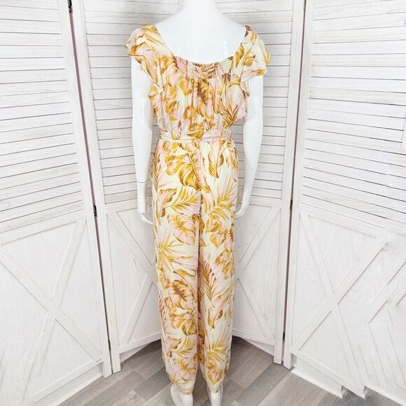 June & Hudson Tropical Print Belted Wide Leg Jumpsuit Pink Yellow Medium - Picture 4 of 12